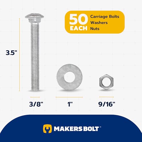 3/8" x 3-1/2" (50 Pack) Galvanized Carriage Bolt Kit, Grade 307A, Hot Dip Galvanized for Exterior Use by Makers Bolt - size: 3/8 x 3-1/2