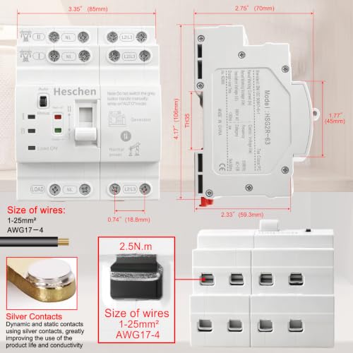 Heschen 63A Dual Power Automatic Transfer Switch 4P 110V DIN Rail ATS - size: 110V 4P