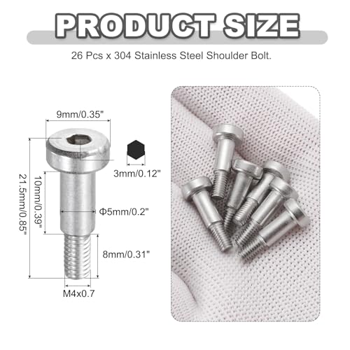 MECCANIXITY 26 Pcs 304 Stainless Steel Shoulder Bolt 5mm Shoulder Dia 10mm Shoulder Length M4x0.7 Thread Hex Socket Shoulder Bolts for Hydraulic Injection Molding Machinery Industries - size: 5mm x 10mm
