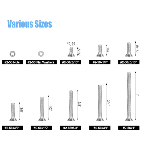 DYWISHKEY 256 Pieces #2-56 x 3/16", 1/4", 5/16", 3/8", 1/2", 5/8", 3/4", 1" Phillips Countersunk Head Machine Screws Nuts Washers Assortment Kit, 2-56 Screw Kit, 304 Stainless Steel - size: #2-56, style: Phillips Countersunk Head