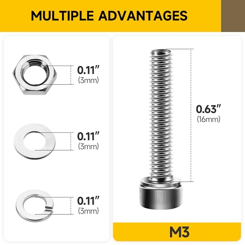 Mywish (100Sets) M3 Screws, M3 x 16mm Socket Head Cap Screws Bolts, 304 Stainless Steel Allen Socket Hex Drive Bolts, Bright Finish M3 Screw Kit with Nuts and Washers & Hex Spanner - size: M3 x 16mm