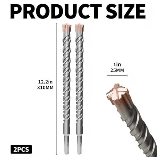 2PCS SDS Plus Rotary Hammer Drill Bits,1"×12"(25mm×310mm)-4 Carbide Cutting Edges & Coated Head, Ideal for Masonry| Heavy-Duty Masonry |Hammer Drill Bits for Precision Drilling - size: 2PCS-1"×12"(25mm×310mm)