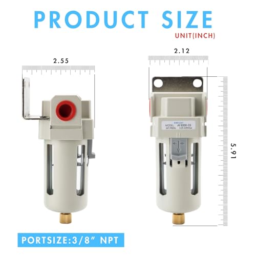 3/8" NPT Air Dryer for Compressor | Compressed Air Line Filter | 5 Micron Brass Element|Bracket, Poly Bowl, 145 psI - size: 3/8" NPT