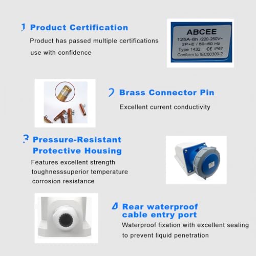125A 3Pin Male+Surface-Mounted Receptacle Connector(Compatible with 100amp), IP67 Industrial Waterproof Connector Plug & Socket,Wall Mounted Plug(1Set),IEC60309 220V-250V 2P+E 6H - style: 3Pin Surface-mounted Set