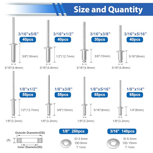 smseace 780Pcs Aluminum Pop Rivets Kit with 304 Stainless Steel Washers, 10-Size SAE Blind Rivet 1/8 3/16 Inch,Metal Blind Rivets for Furniture Automotive Instruments Repair - color: Silver Aluminum, size: 780Pcs