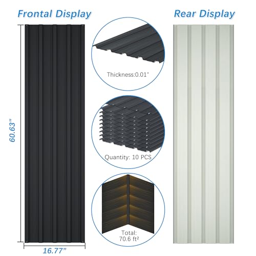 Metal Roof Panels 10Pcs Roofing Panels Galvanized Steel with Screw Resistant,Versatile and Durable Suitable for Garages,Sheds, Stables and Mobile Homes Black 70 sq.ft - color: Black, size: 10 pcs/L60.63"