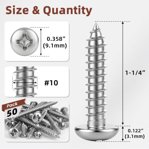 Mellewell #10 x 1-1/4" Pan Head Self Tapping Screw, Pan Head Sheet Metal Screws Wood Screws, Stainless Steel 304 (18-8), 50 Pack - color: Silver, size: #10 x 1-1/4"