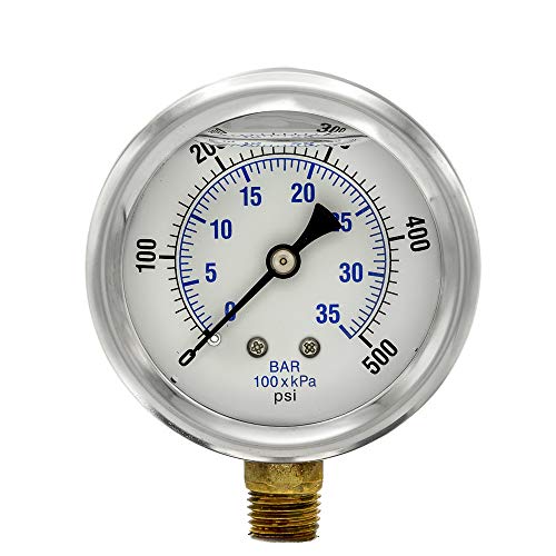 PIC Gauges PRO-201L-254J 0-500 PSI Pressure Gauge, 2 1/2" Dial, 1/4" Male NPT Connection, Bottom Mount, Dual Scale, Glycerin Filled, Stainless Steel Case/Bezel, Brass Internals & Plastic Lens - style: 0-500 PSI