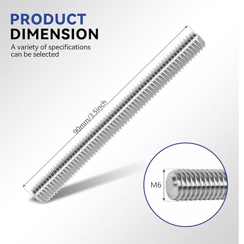 12 Pcs 304 Stainless Steel M6 Threaded Rod, 3.5"(90mm) - size: M6x90mm