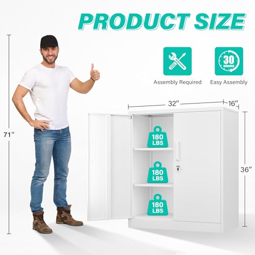 SISESOL 36 inch Storage Cabinet with Doors and Shelves,White Metal Storage Cabinet,Small Locking Metal Cabinets,Short Steel Counter Cabinets with Lock for Garage Home Office Pantry - color: White, size: 36"H