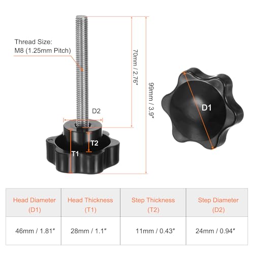 HARFINGTON 2pcs Star Knobs M8 x 70mm 304 Stainless Steel Threaded Stud 46mm Plastic 6-Star Head Hand Tightening Thumb Screw Clamping Jig Knob Handle, Black - size: M8 x 70mm x 46mm
