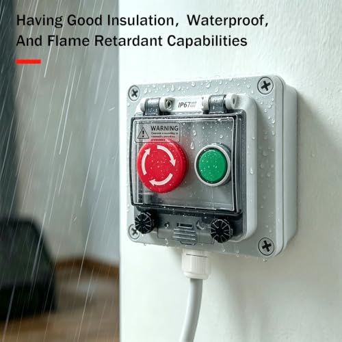 IP67 Waterproof Push Button Switch Box, Emergency Stop & Green Momentary Start/Stop Control Station with Anti-Misoperation Protective Cover, Outdoor Industrial Use, 1NO 1NC Contacts, 22mm - color: Green/emergency stop button switch box