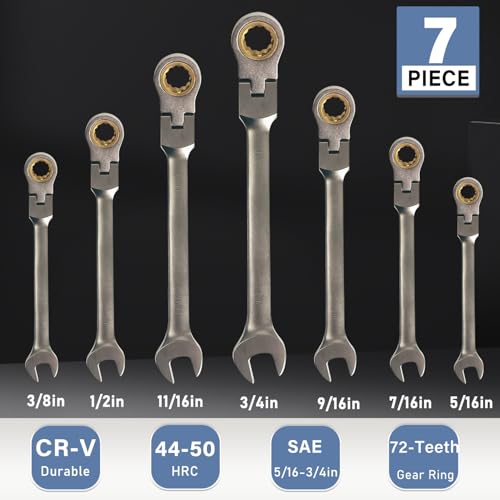 7Pcs Flex Head Ratcheting Combination Wrench Set, 5/16-3/4 inch SAE Chrome Vanadium Steel Spanner, 72-Teeth Gear Ring Ratchet Wrenches with Storage Rack