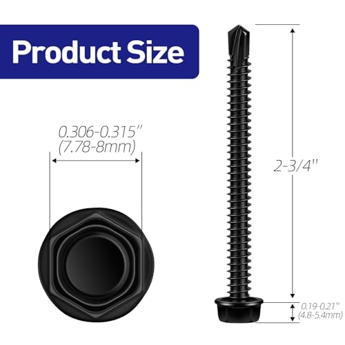 #12 x 2-3/4" Hex Washer Head Self Tapping Screws, TEK Screws, Self Drilling, Stainless Steel 410 Sheet Metal Screws, Black Finish, 25 PCS - color: Black, size: #12 x 2-3/4"