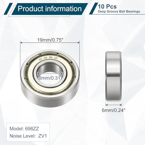 uxcell 10Pcs 698ZZ Deep Groove Ball Bearings, 8x19x6mm Chrome Steel - size: 698ZZ (8x19x6mm)