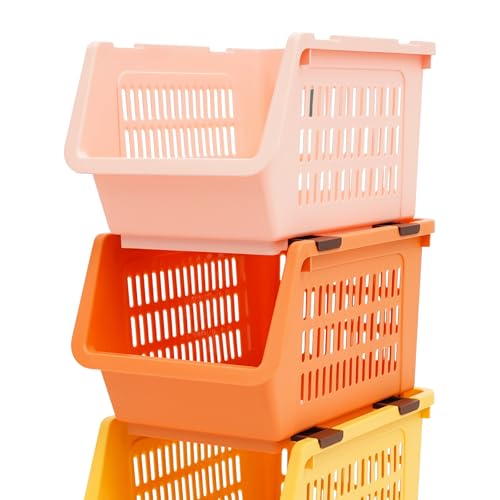 4 Pcs Open Front Stackable Storage Bins, PP Stacking Organizer Baskets with Rolling Wheels, Telescopic Buckles, Nestable, 38.58lbs Load (Ocean Mix) - color: Ocean Mix