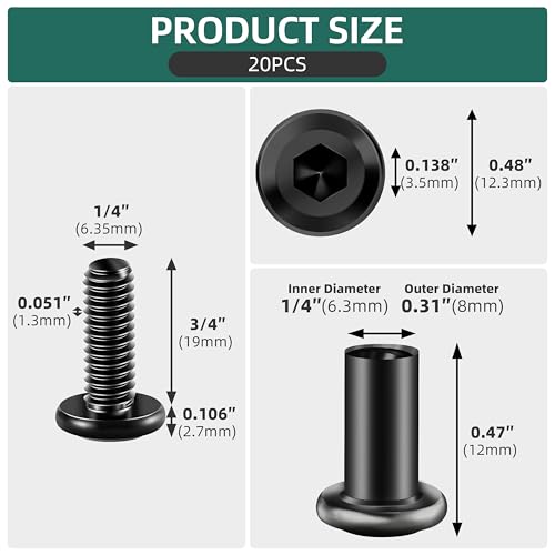20Pcs 1/4-20 x 3/4" Flat Socket Head Cap Screws Bolts Barrel Nuts Kit, 304 Stainless Steel 18-8 Furniture Bolts Screws and Nuts, Black Oxided - size: 1/4 x 3/4"