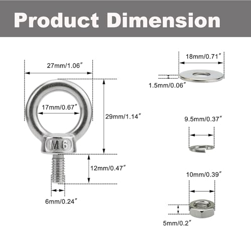 M6 Stainless Steel Eye Bolts with Nuts Washer 4 Pack, M6 x 12mm(1/4" x 0.47 inch) Shoulder Lifting Eye Bolt for Swing Truck, Heavy Duty Threaded Eyebolts for Tie Down Outdoor Yard Balcony - size: M6x12mm (1/4"x0.47")