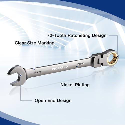 WORKPRO 22-Piece Ratcheting Wrench Set, Flex-Head & Nickel Plating - style: Flex-head & Nickel Plating