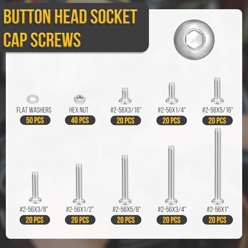 DTGN 250Pcs #2-56x3/16 to 1" Button Head Socket Cap Screws-304 SS