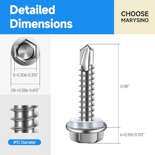 Self Drilling Screws for Metal 100Pcs #10 x 1 Self Tapping Screws for Metal Plastic Wood, 410 Stainless Steel Hex Head Sheet Metal Screws, High-Strength Quick Self-Tapping Screws by Marysino - color: Silver (#10), size: 1"