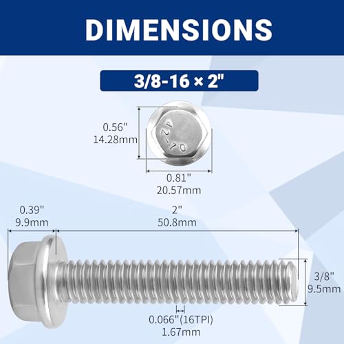 10pcs 3/8-16 x 2 Flange Hex Head Bolts (Non-Serrated), 304 SS - size: 3/8-16 x 2