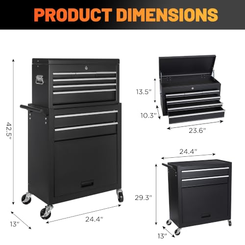8-Drawer Rolling Tool Chest with Detachable Top Toolbox - color: Black, style: 8 drawer-detachable