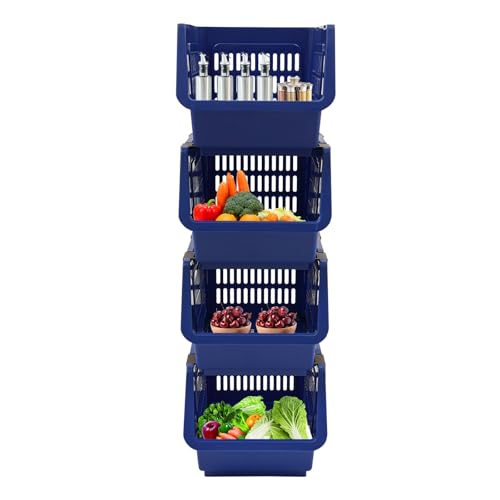 4 Pcs Open Front Stackable Storage Bins, PP Stacking Organizer Baskets with Rolling Wheels, Telescopic Buckles, Nestable, 38.58lbs Load (Blue) - color: Blue