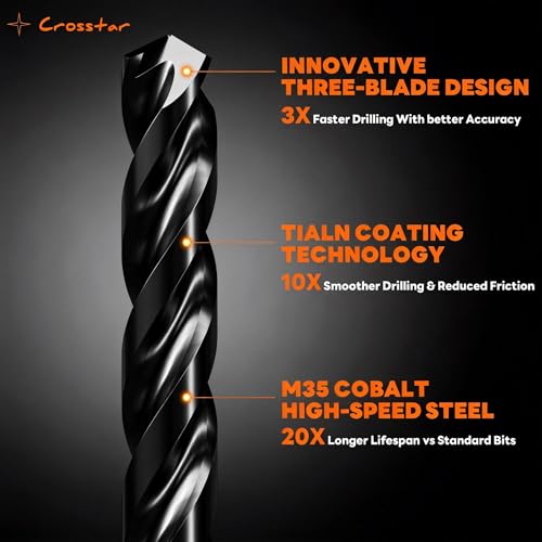 Crosstar M35 Cobalt Drill Bit Set,Three-Flute Design,1/16"-1/2",21pcs - size: 21pcs set