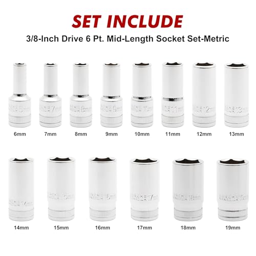 CASOMAN 14PCS 3/8" Drive 6 Pt. Mid-Length Socket Set, Metric, 6, 7, 8, 9, 10, 11, 12, 13, 14, 15, 16, 17, 18, 19 mm, Mirror Chrome Finish - size: 3/8"Dr., Mid-Length, 6.0 to 19.0mm