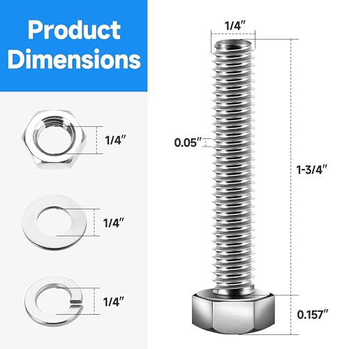 (12 Sets) 1/4-20 Bolt, 1/4-20 x 1-3/4" Hex Head Screws Bolts and Nuts Kit with 1/4-20 Nuts, Flat & Lock Washers, Fully Threaded, 1/4 20 Stainless Steel Bolts, Bright Finish by Marysino - color: (Silver)-1/4, size: 1-3/4"