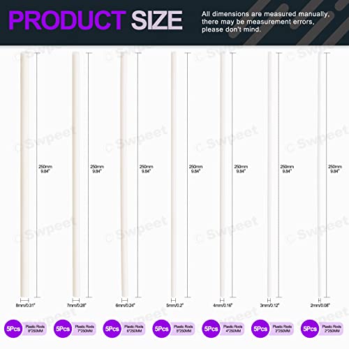 Swpeet 35Pcs Milkly Plastic Rods Assortment Kit, Diameter 2mm-8mm Length 250mm Material ABS Round Stick Round Solid Bar DIY Model for DIY Toys Building Making Architectural Model Making