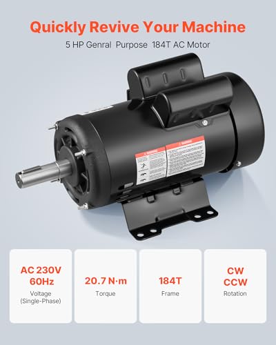 VEVOR 5 HP Electric Motor, 1725RPM Air Compressor Motor, CW/CCW Rotation, 1.125 inch Shaft Diameter, 2.75inch Shaft Length, 20.7N.m Torque, Single-Phase, ODP Cooling, 230V, 184T Frame - size: 5P-2.75in Shaft Length