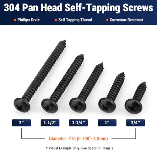 #12 x 1 (50 Pack) Stainless Steel Pan Head Self Tapping Screws, 304 SS (18-8) Black Coated, Phillips Drive Round Head Corrosion Resistant Screws for Wood & Sheet Metal - size: #12 x 1"