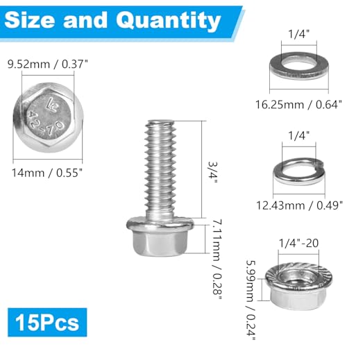 15 Sets 1/4-20 x 3/4" Flanged Hex Head Bolts Kits - size: 1/4-20 x 3/4"