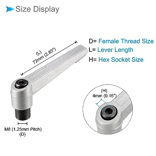 Clamping Lever Handles, M8 Female Thread 72mm Lever, Adjustable Quick Release Locking Rotating Knobs Silver Tone - (Applications: for Lathe Machinery), 2-Pieces - size: M8