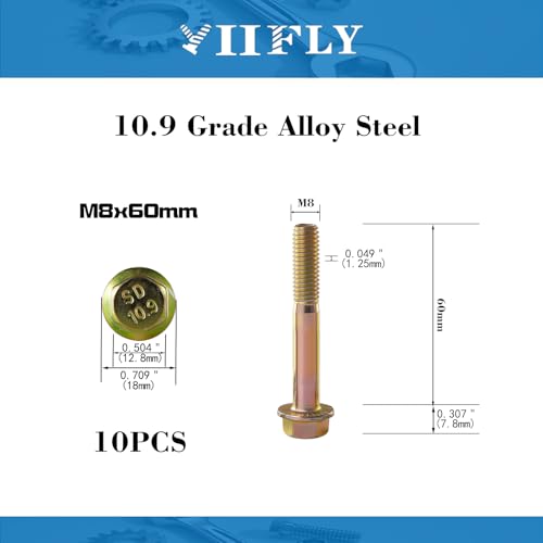 M8 x 60mm Flanged Hex Head Bolts, M8x1.25 Pitch, Grade 10.9 Alloy Steel, Color Zinc Plated, Half Thread, 10 Pack - size: M8 x 60mm(10PCS)