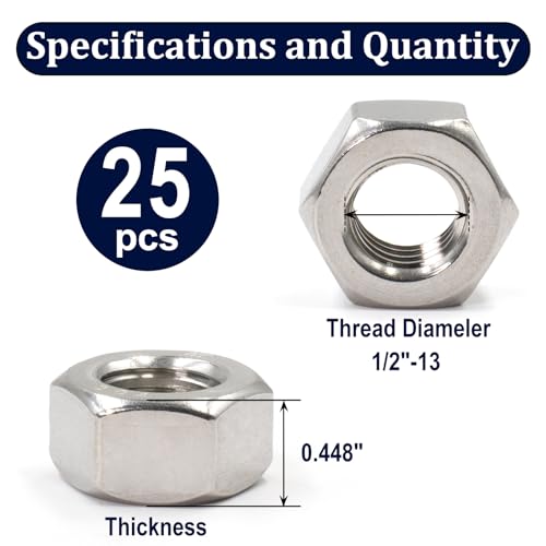 ZQZ 1/2-13 Hex Nuts, 25PCS Stainless Steel Hardware Nut 304 ss Threaded Nut - size: SAE 1/2"-13;25 PCS