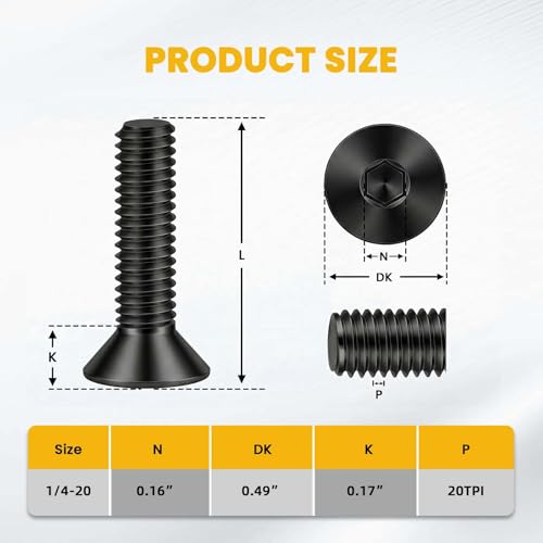 1/4-20 x 3/4" Flat Head Socket Cap Screws Countersunk Bolts, Stainless Steel 18-8 (304), Fully Threaded, Black Finish, Hex Spanner Included, 50 PCS - color: Black, size: 1/4-20 x 3/4"