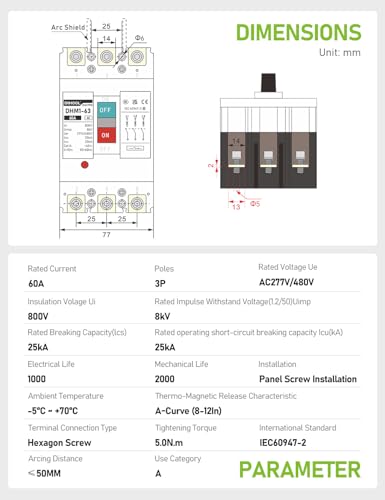 DIHOOL Industrial Miniature Circuit Breaker 3 Pole 60 Amp 277/480V AC, Thermal Magnetic Trip,AC Disconnect Switch MCB