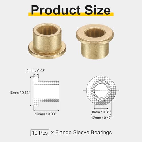 uxcell 10Pcs Flange Sleeve Bearings, 8mm Bore x 12mm OD x 10mm Length, Self-Lubricating Sintered Bronze Bushings - size: 8mm Bore x 12mm OD x 10mm Length