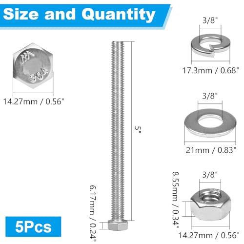 5 Sets 3/8-16x5 Hex Head Screw Bolt,Nuts,Flat & Lock Washers - size: 3/8-16 × 5"