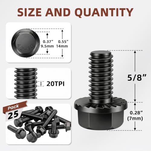 Mellewell 1/4-20 x 5/8" Flanged Hex Head Bolts Flange Hexagon Screws, Stainless Steel A2 Black Finish, DIN 6921, 25 PCS - color: Black, size: 1/4-20 x 5/8"