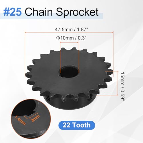 uxcell #25 Chain Roller Sprocket 10mm Bore 47.5mm OD, 22 Tooth C45 Carbon Steel ANSI #25 Roller Sprocket Round Hole with 3x1.4mm Keyway & Set Screws for ISO 04C Chain, Black - size: 10mm Bore 47.5mm OD, 22 Tooth, 3x1.4mm Keyway