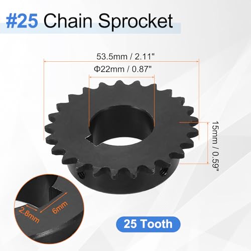 uxcell #25 Chain Roller Sprocket 22mm Bore 53.5mm OD, 25 Tooth C45 Carbon Steel ANSI #25 Roller Sprocket Round Hole with 6x2.8mm Keyway & Set Screws for ISO 04C Chain, Black - size: 22mm Bore 53.5mm OD, 25 Tooth, 6x2.8mm Keyway