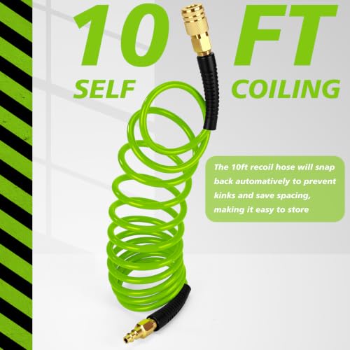 Flutesan 10 Pack 1/4 in x 10 ft Recoil Air Hose with Quick Coupler, Green - color: Green