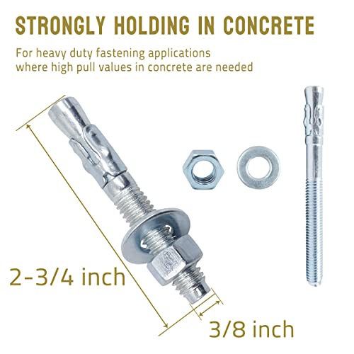 3/8 Concrete Anchors, Zinc-Plated Steel Wedge Anchors, 20 Pack - size: 3/8" x 2-3/4"
