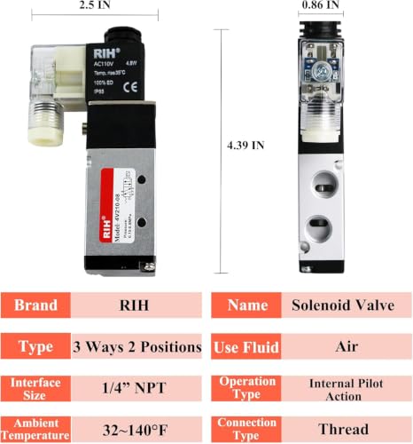 RIH Pneumatics Solenoid Valve 4V210-08 12V/24V/110V Series Single Coil Pilot-Operated Electric 2 Position 5 Way Connection Type (AC110V/Junction Box, 1/4"NPT) - size: AC110V/Junction Box, style: 1/4"NPT