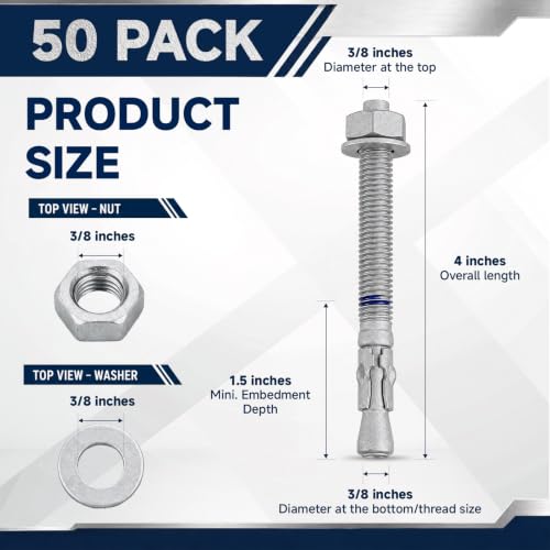 Flutesan 50 Pcs Hot Dip Galvanized Wedge Anchors 3/8" x 4", Heavy Duty Concrete Anchors with Embedded Minimum Embedding Depth Mark for Cement and Concrete – Corrosion Resistant, Indoor/Outdoor Use