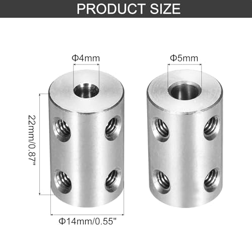 MECCANIXITY Rigid Screw Coupling 4mm to 5mm Shaft Coupler Connector L22mm x D14mm Steel Joint Connector Rigid Coupling Set for 3D Printers DIY Encoder with 8 Screws & Hex Wrench, 2 Pcs - color: Silver, size: 4mm to 5mm